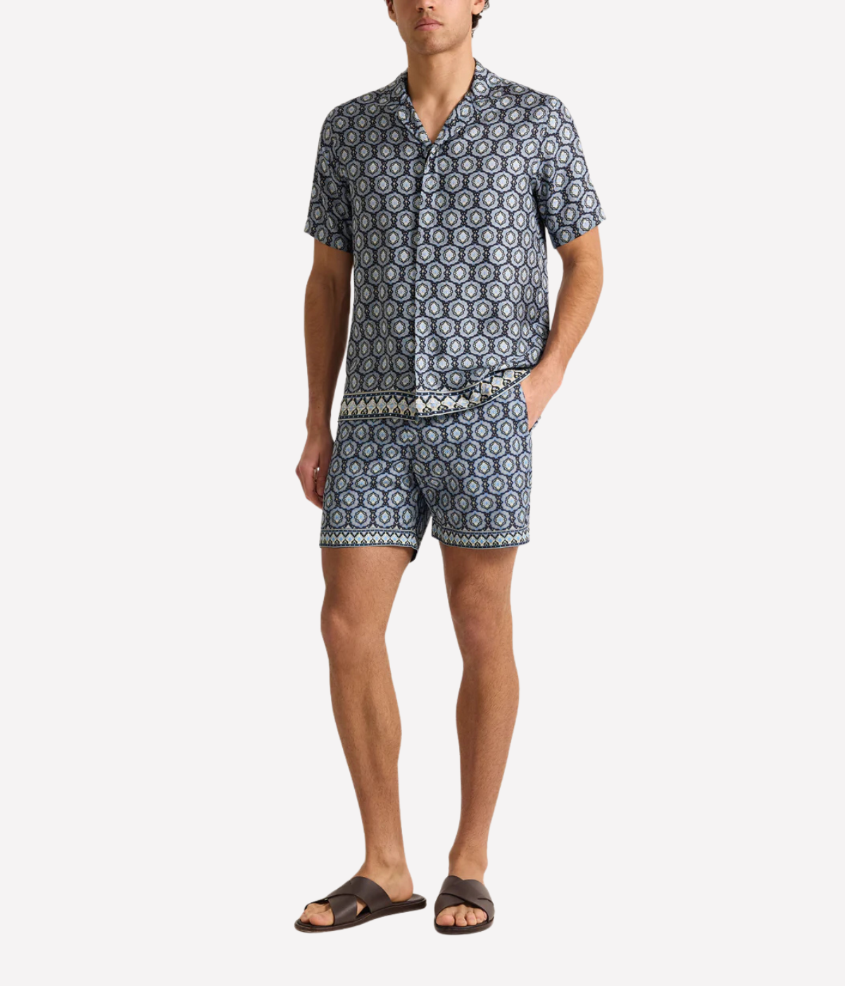 Orlebar Brown Maitan Silk Passetto Shirt in Night Iris featuring an exclusive print, Capri collar and relaxed fit - Full Length Front Shot