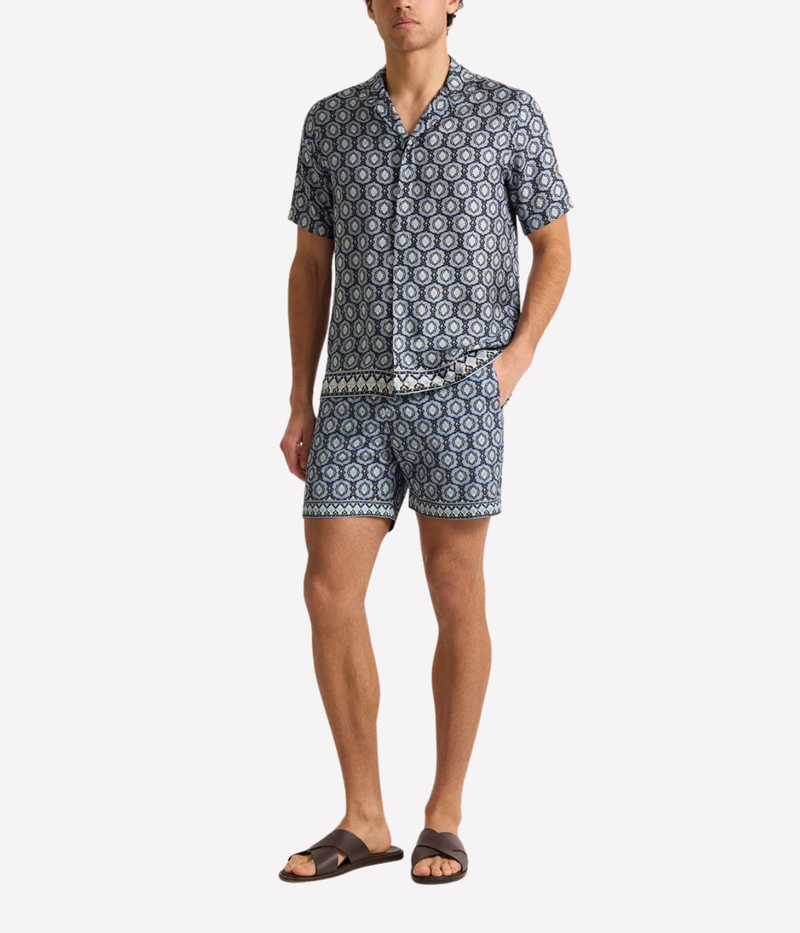 Orlebar Brown Maitan Silk Passetto Shirt in Night Iris featuring an exclusive print, Capri collar and relaxed fit - Full Length Front Shot