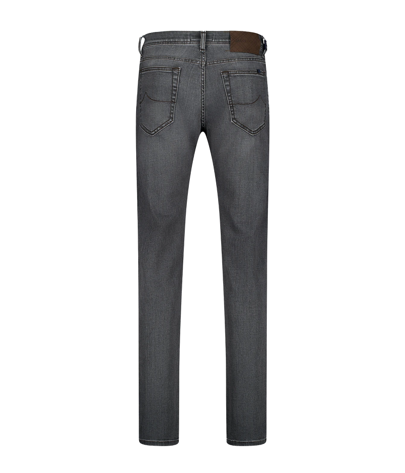 Back view of a pair of slim-fit gray denim jeans on a white background, showing the back pockets, belt loops, and a brown leather patch at the waistband.