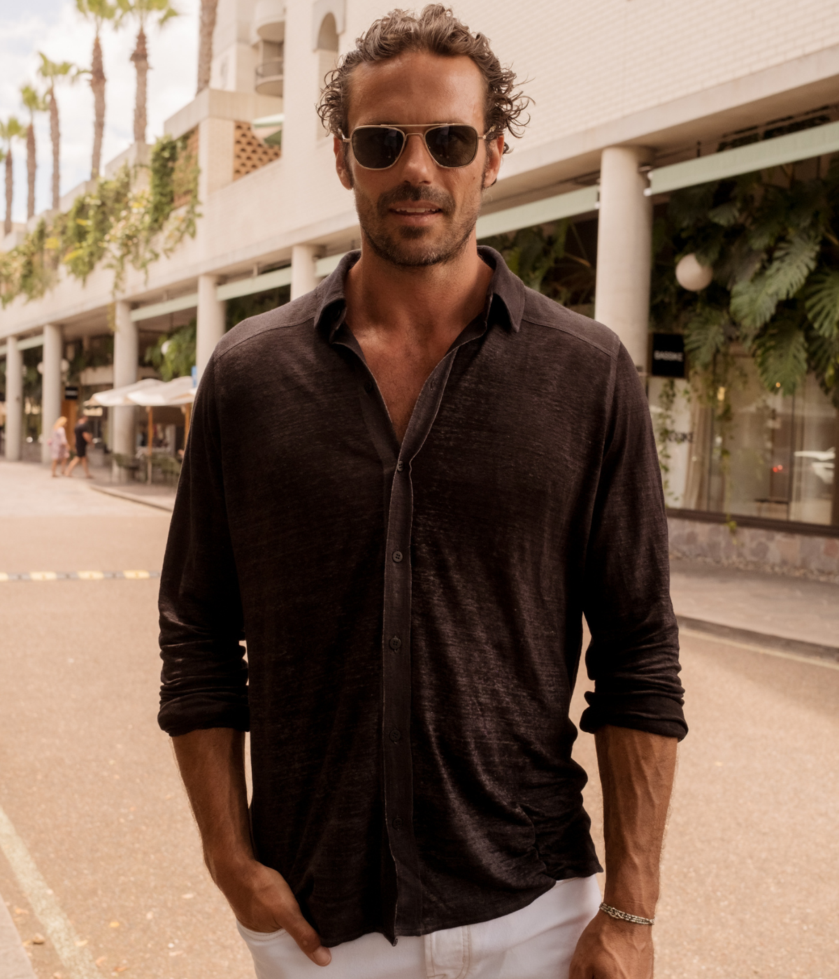 Hand Painted Linen Jersey Long Sleeve in Nero