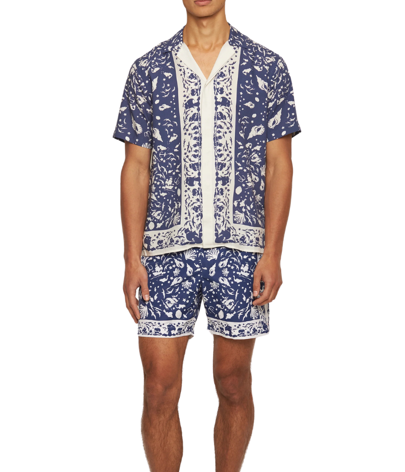 Orlebar Brown Maitan Shirt featuring an artistic maritime print with shells, seagulls, sailboats, and marine life. The short-sleeved shirt includes a Capri collar, hidden button placket, and slit hem for a clean silhouette. Made from 100% Lyocell, machine washable at 30°C.