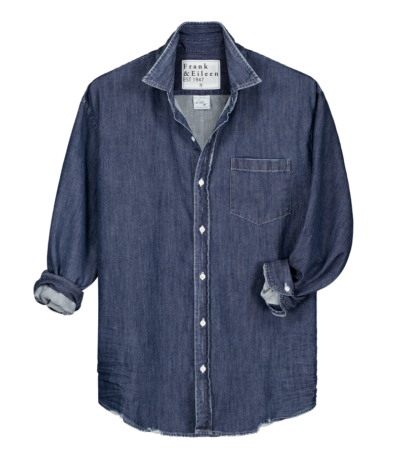 A dark blue denim long-sleeve button-up shirt by Frank & Eileen, featuring a chest pocket and rolled-up sleeves, displayed on a clean white background.