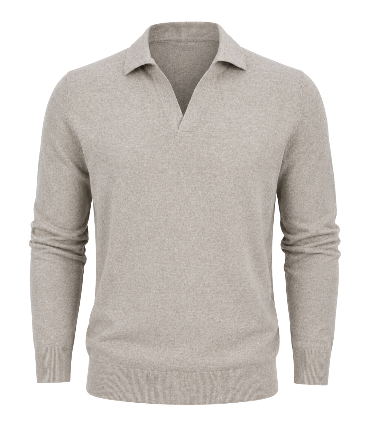 Gran Sasso Long Sleeve Polo in Beige Speckle – Ghost Mannequin Front View Open Collar