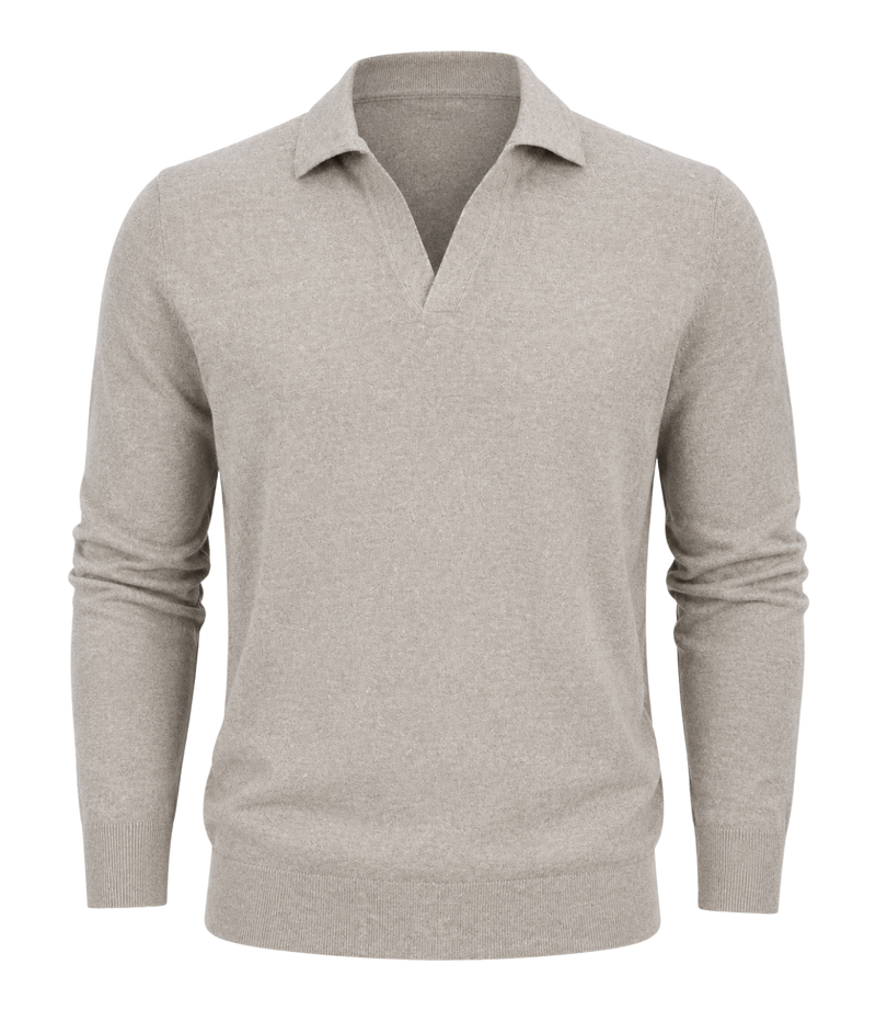 Gran Sasso Long Sleeve Polo in Beige Speckle – Ghost Mannequin Front View Open Collar