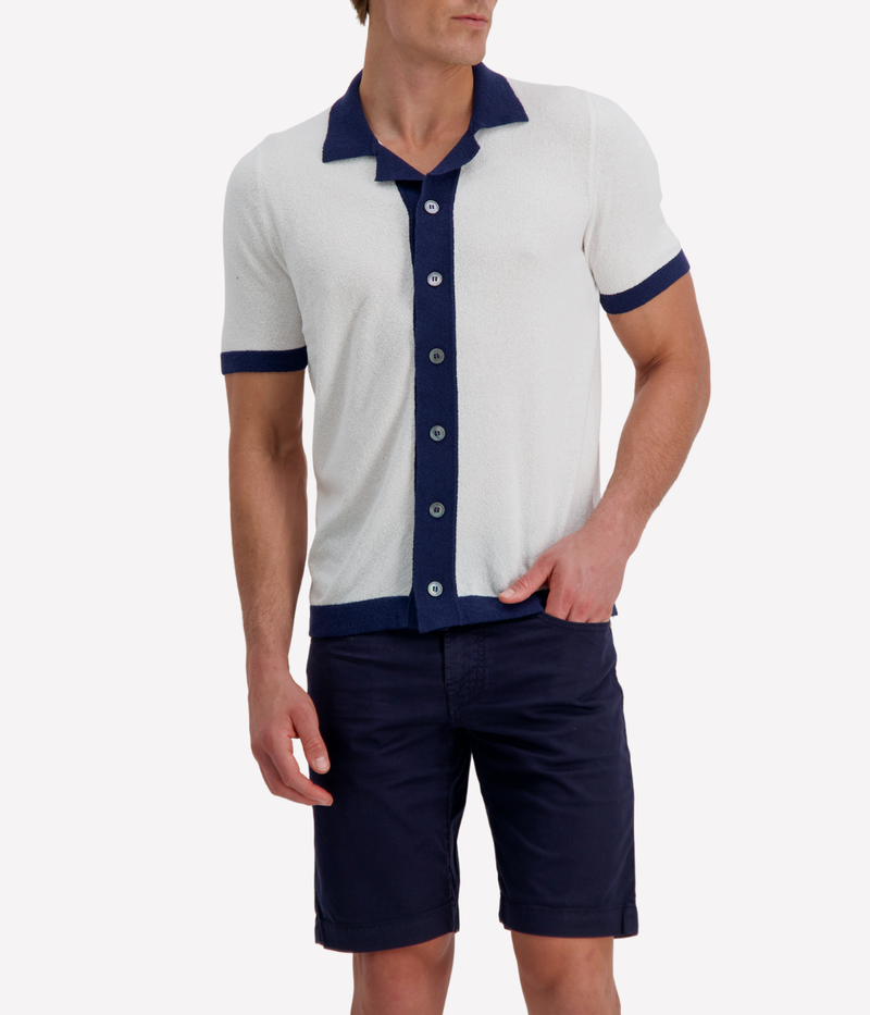 Short Sleeve Boucle Shirt in White Navy Contrast