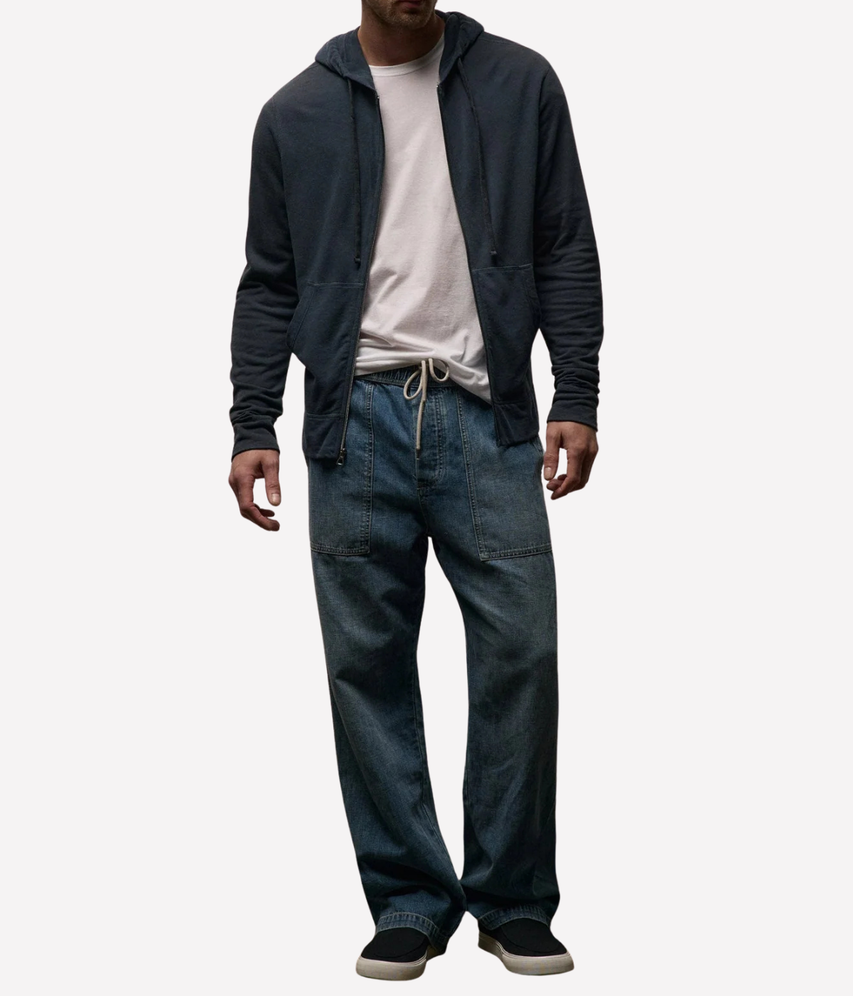 James Perse Vintage French Terry Zip Hoodie in Deep – full-length front view on model showcasing relaxed fit, zip-front closure, and lightweight cotton French terry.