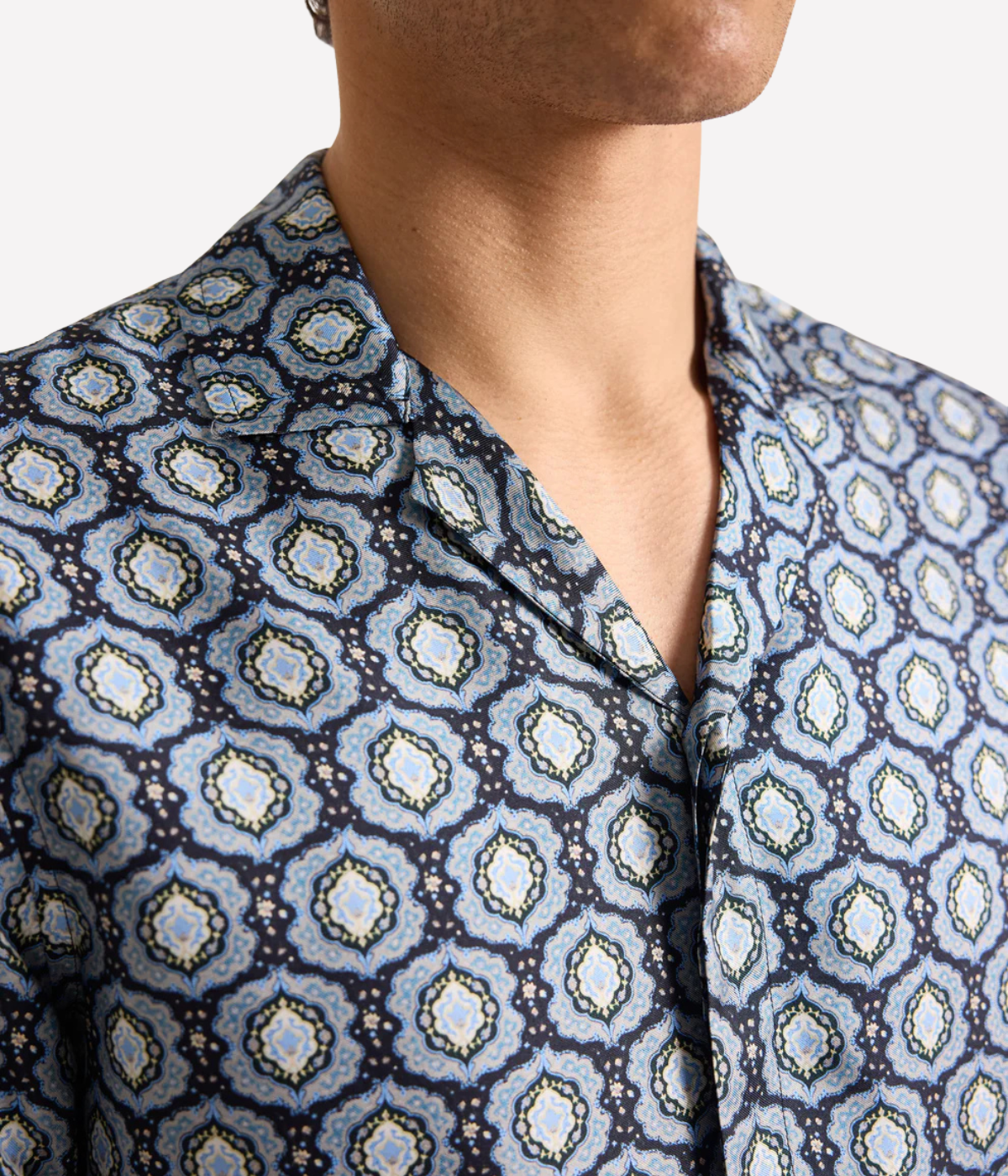 Orlebar Brown Maitan Silk Passetto Shirt in Night Iris featuring an exclusive print, Capri collar and relaxed fit - Closeup Shot on Collar