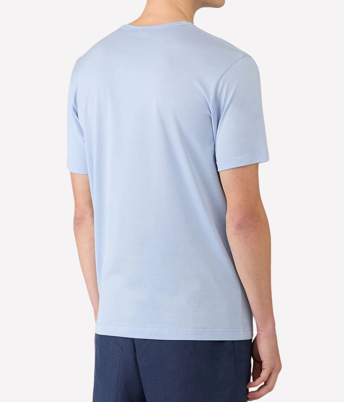 Sunspel Short Sleeve Crew Neck T-Shirt in Sky worn on model back view showing close fit and smooth cotton fabric