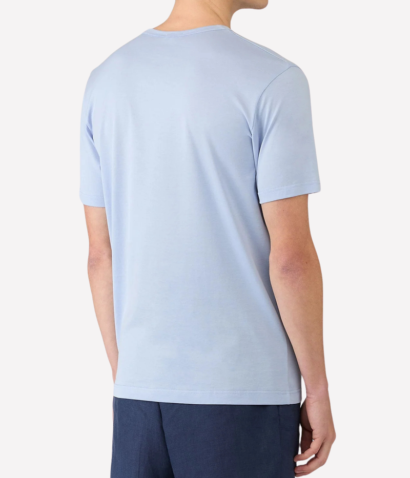 Sunspel Short Sleeve Crew Neck T-Shirt in Sky worn on model back view showing close fit and smooth cotton fabric