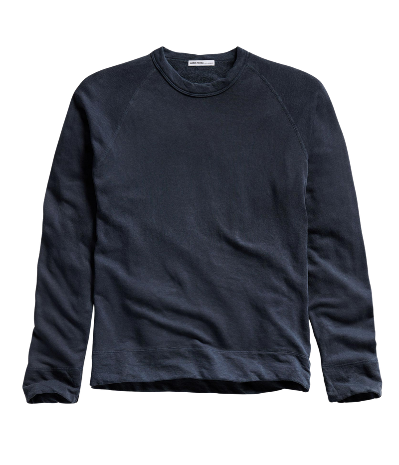 James Perse Vintage French Terry Sweatshirt in Deep – flat lay product shot displaying crew neckline, raglan sleeves, and lightweight cotton French terry fabric.
