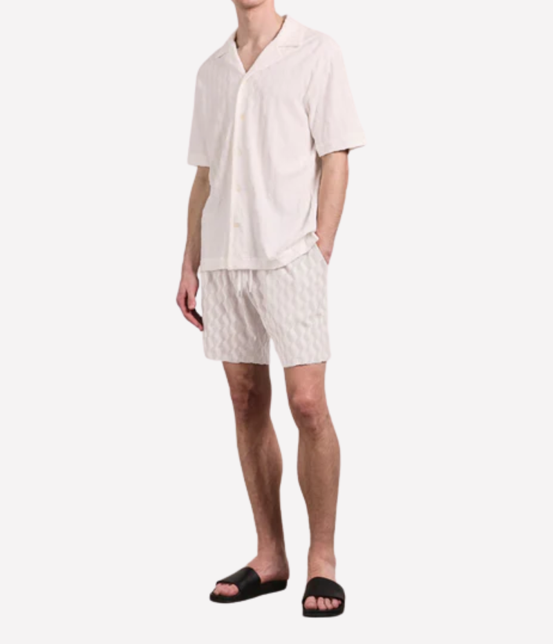Frescobol Carioca Roberto Terry Shirt in Cream – Front View on Model Jacquard Terry Camp Collar Shirt