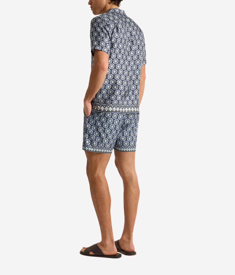 Orlebar Brown Maitan Silk Passetto Shirt in Night Iris featuring an exclusive print, Capri collar and relaxed fit - Full Length Back Shot