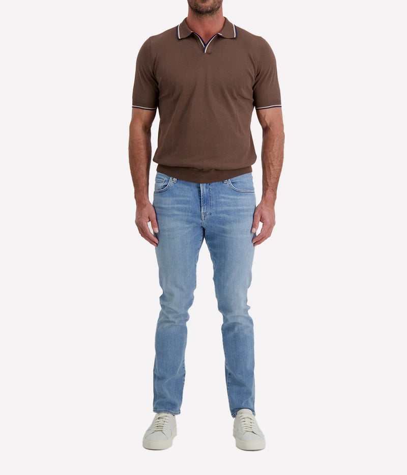 Tennis Short Sleeve Polo in Chocolate Blue Stripe