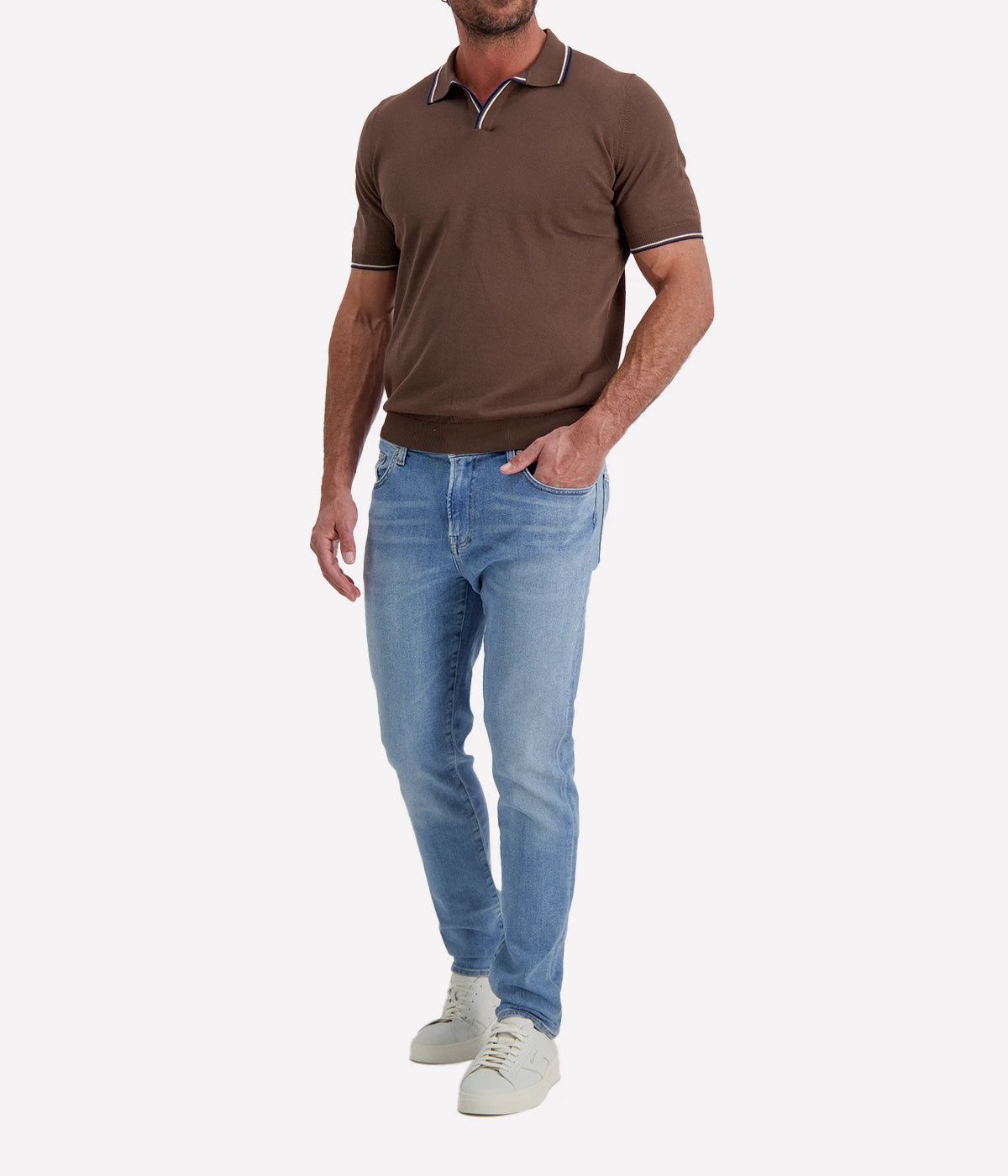 Tennis Short Sleeve Polo in Chocolate Blue Stripe