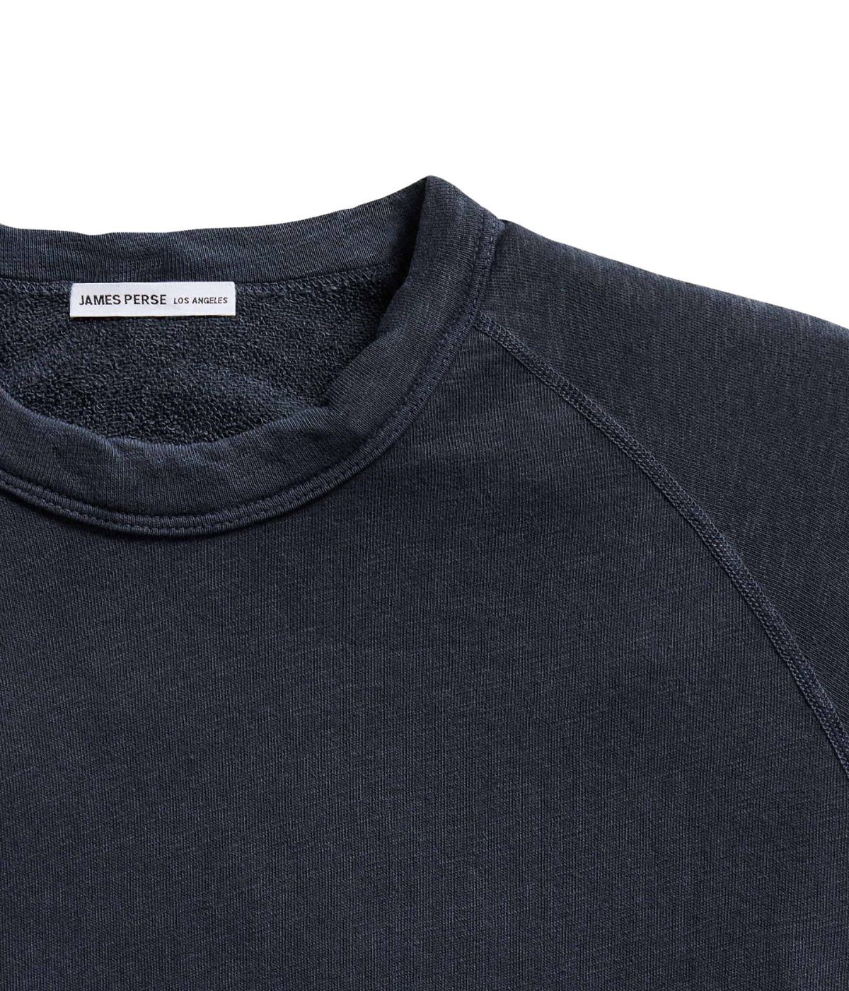 James Perse Vintage French Terry Sweatshirt in Deep – close-up of crew neckline showcasing clean construction and soft garment-dyed cotton.