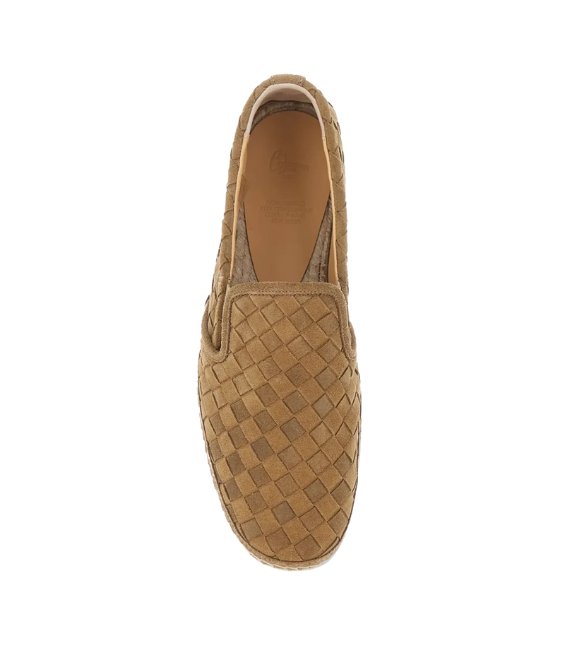 Top view of Castañer Java Espadrilles in Arena showing the woven suede upper