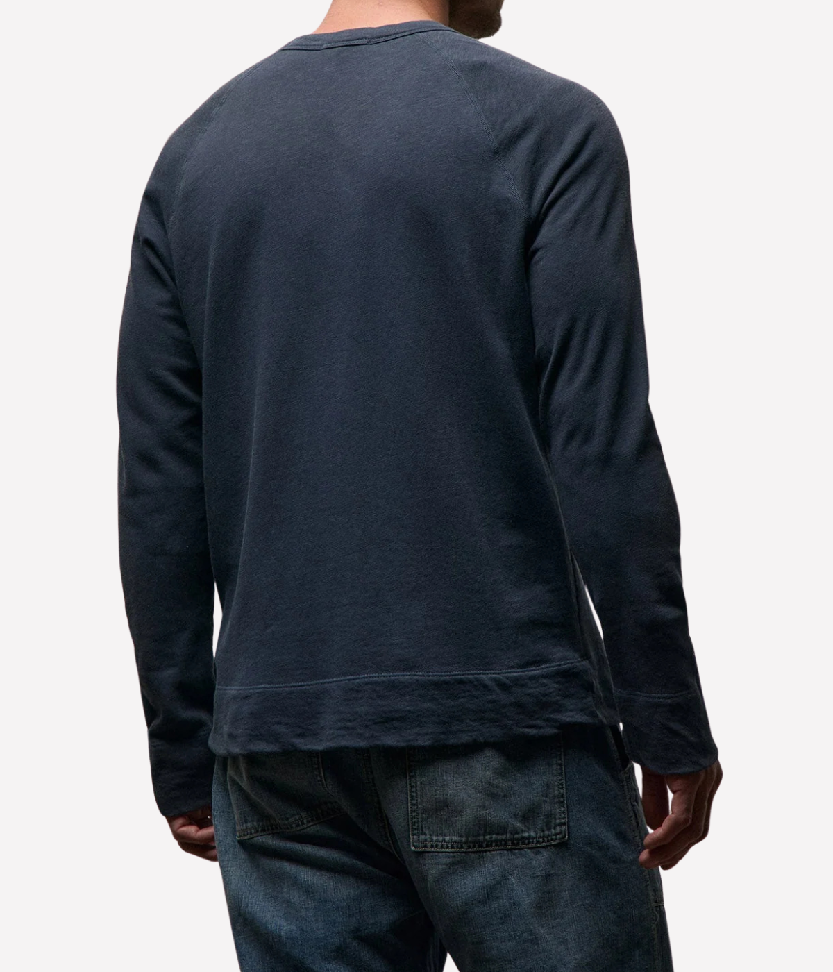 James Perse Vintage French Terry Sweatshirt in Deep – upper back view on model showcasing raglan seam detailing and relaxed silhouette.