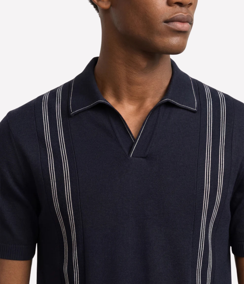 Orlebar Brown Horton Chevron Stripe Polo in Night Iris / White Sand close-up of the collar.