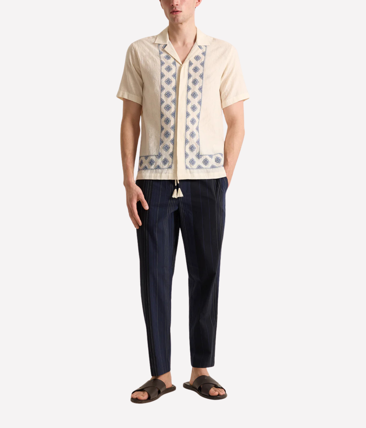 Orlebar Brown Maitan Carnival Embroidery Shirt in White Sand & Nightfall Blue featuring exclusive embroidered artwork, a Capri collar and relaxed fit - Full Length Front Shot