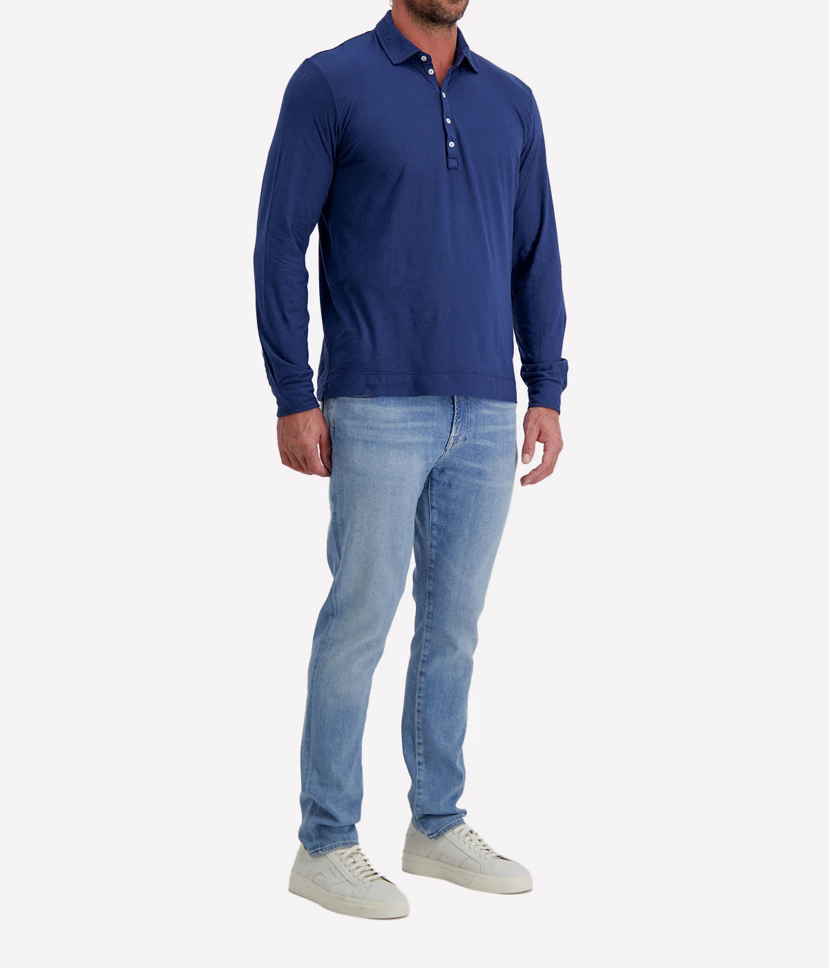 Massimo Alba Raya Shirt in Midnight Blue – Front Angled View Long Sleeve Polo Shirt
