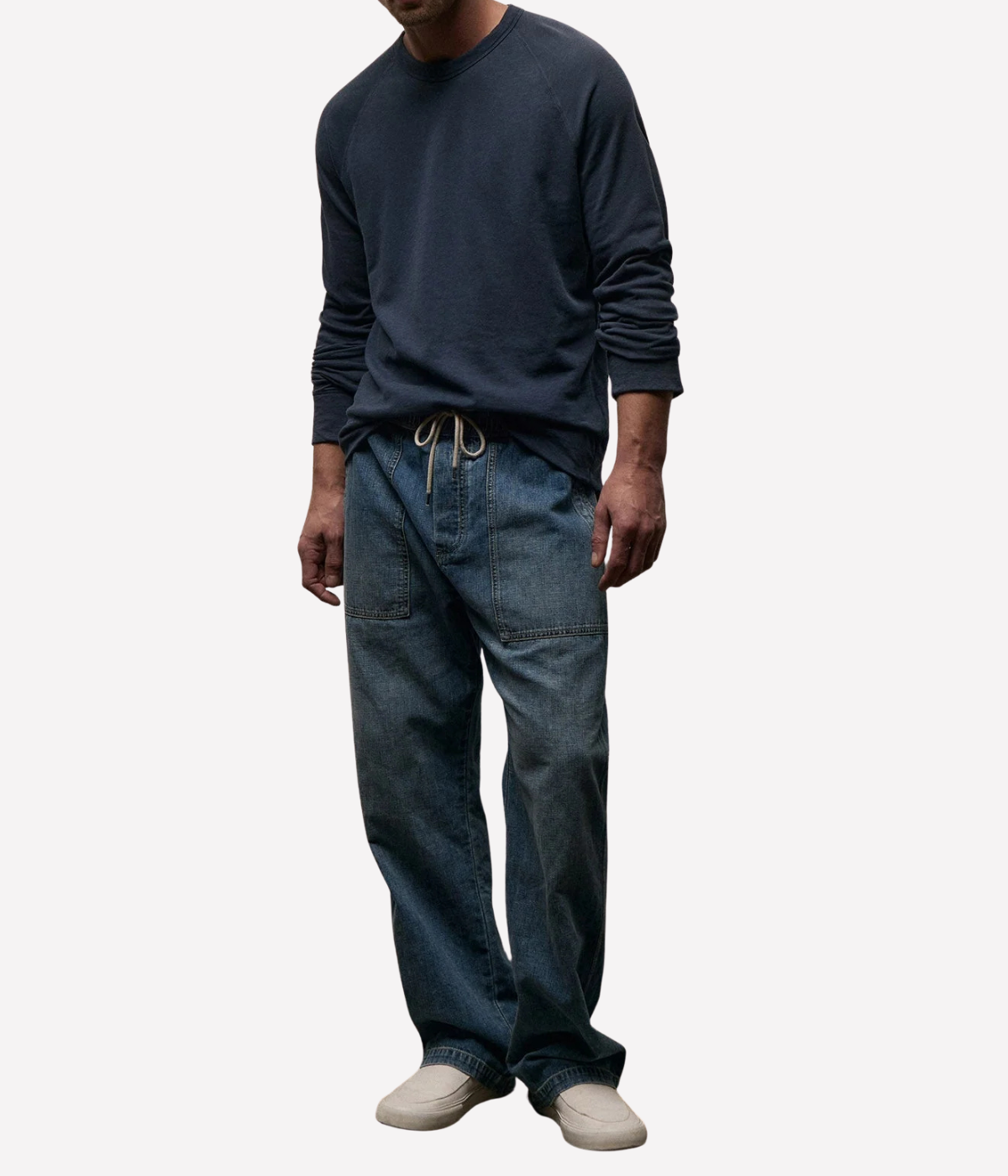 James Perse Vintage French Terry Sweatshirt in Deep – full-length front view on model showcasing relaxed fit, crew neckline, and lightweight cotton French terry fabric.