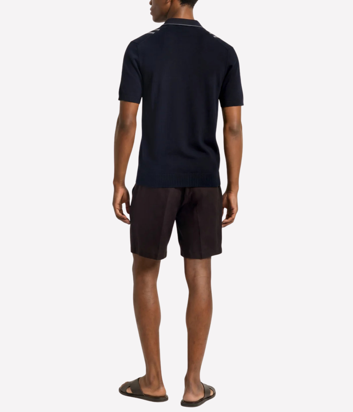 Orlebar Brown Horton Chevron Stripe Polo in Night Iris / White Sand back view on model.