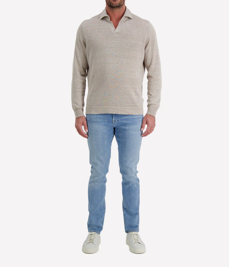 Gran Sasso Long Sleeve Polo in Beige Speckle – Front full length model View Open Collar Knit