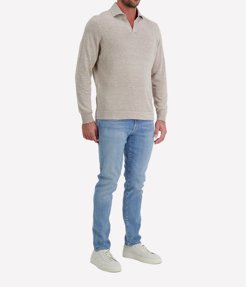 Gran Sasso Long Sleeve Polo in Beige Speckle – Angled View Open Collar Knit