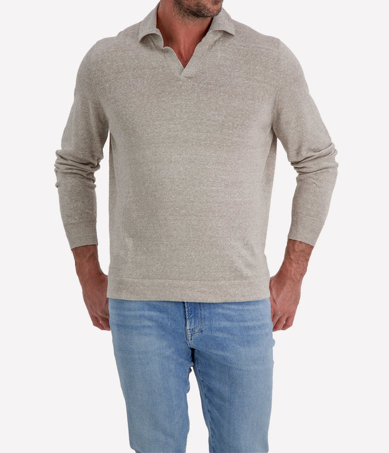 Gran Sasso Long Sleeve Polo in Beige Speckle – Front View Open Collar Knit
