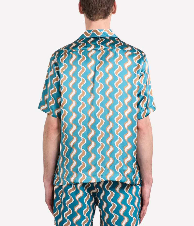 Frescobol Carioca Roberto Silk Shirt Short Sleeve Copacabana Paisley in Teal – Back View Printed Silk Camp Collar Shirt