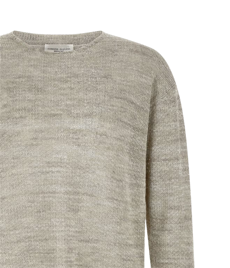 Roberto Collina LS Roundneck in Grigio - Neckline Closeup Shot