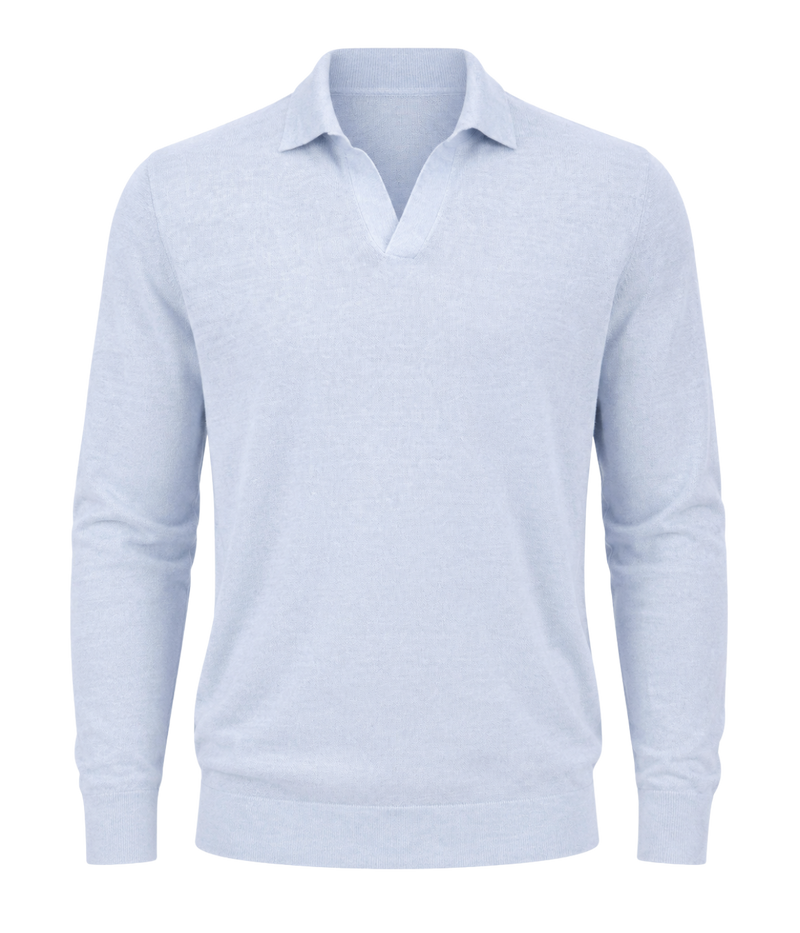 Gran Sasso Long Sleeve Polo in Sky Blue Speckle – Ghost Mannequin Front View Long Sleeve Polo