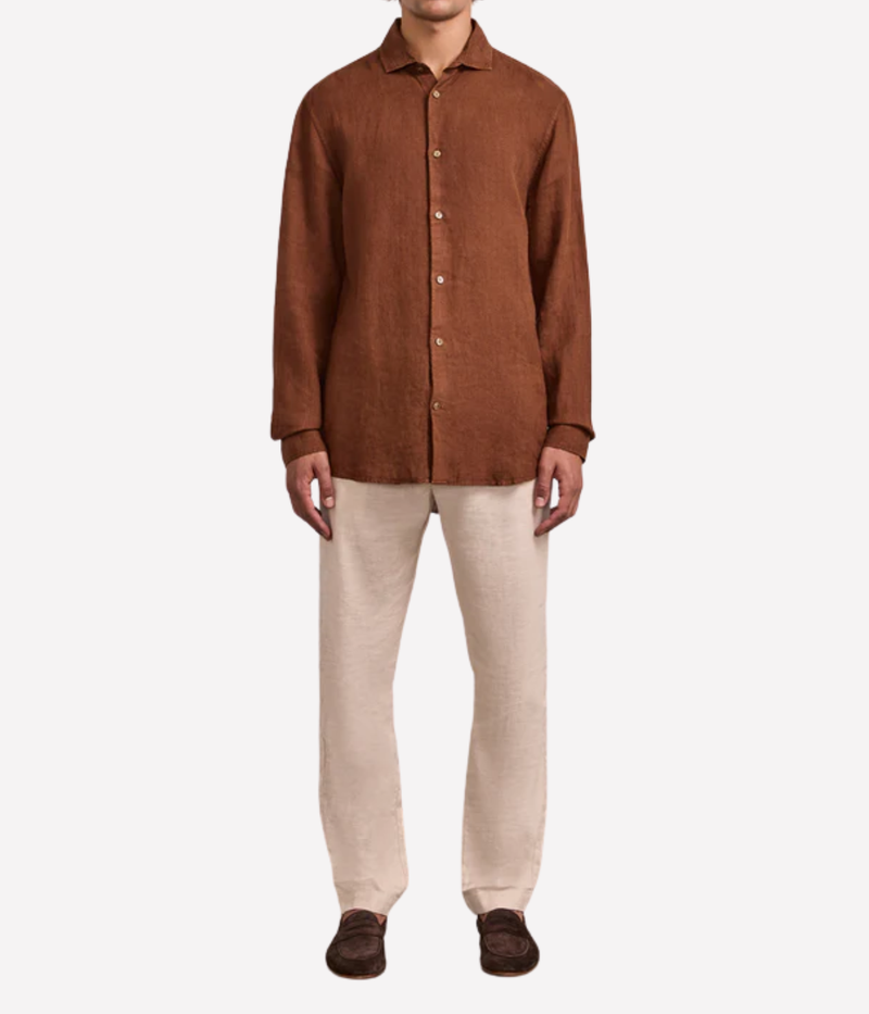 Antonio Long Sleeve Linen Shirt In Brown