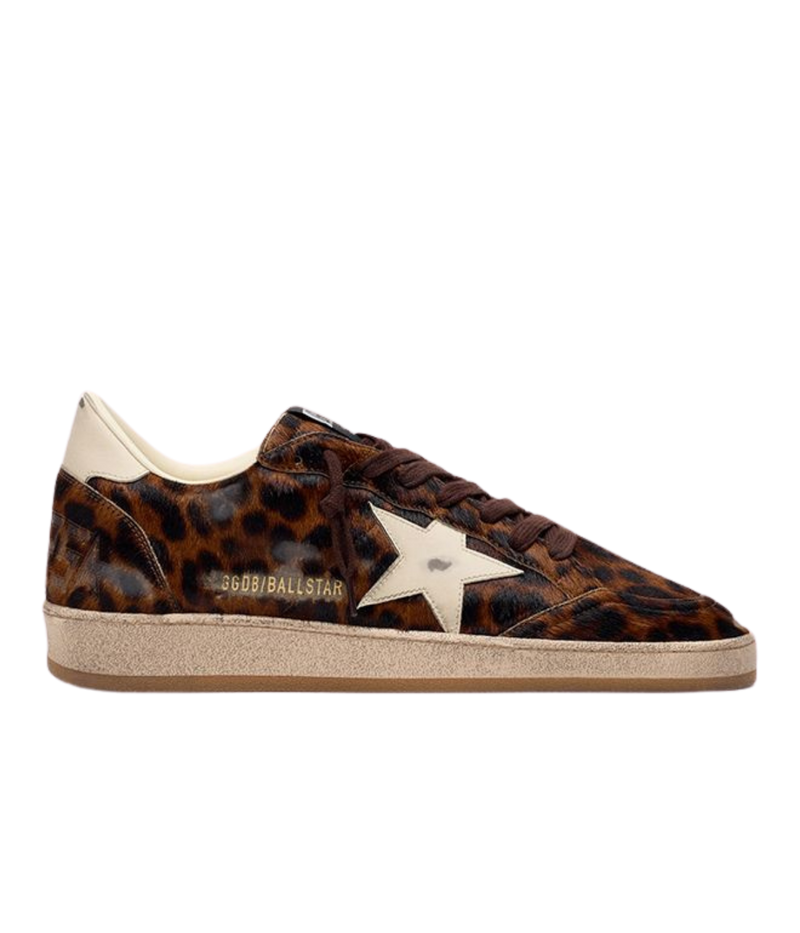 Golden Goose Ball Star low-top sneakers with leopard-print horsy leather upper and cream leather star, side profile.