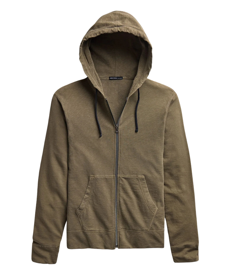 James Perse Vintage French Terry Zip Hoodie in Light Olive Pigment – flat lay product shot displaying zip-front design, drawcord hood, and lightweight cotton French terry fabric.