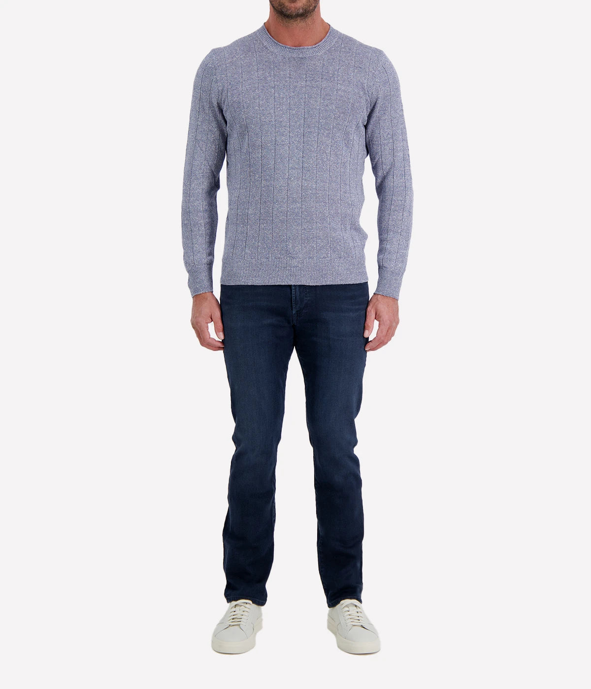 Gran Sasso Crew Long Sleeve in Denim Blue – Front View Textured Knit Crew Neck