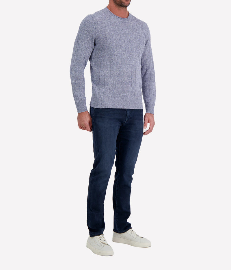 Gran Sasso Crew Long Sleeve in Denim Blue – Angled View Textured Knit Crew Neck