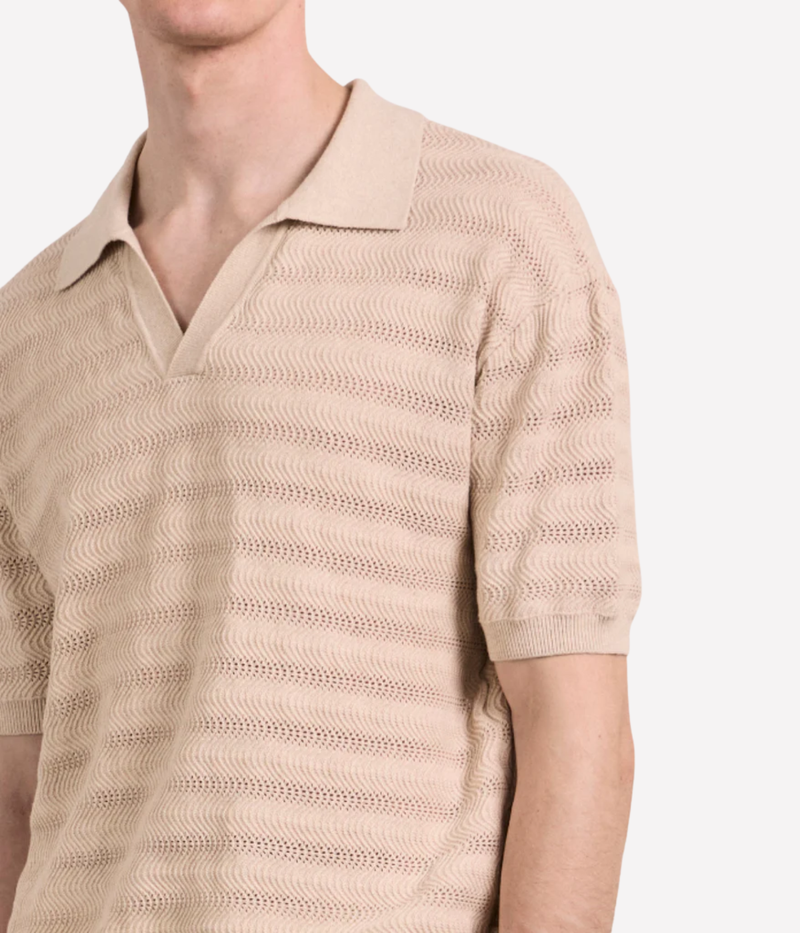 Frescobol Carioca Rino Cotton Jacquard Wave Short Sleeve Knit Polo in Sand – Close Up View on Shoulder Line Jacquard Knit Polo