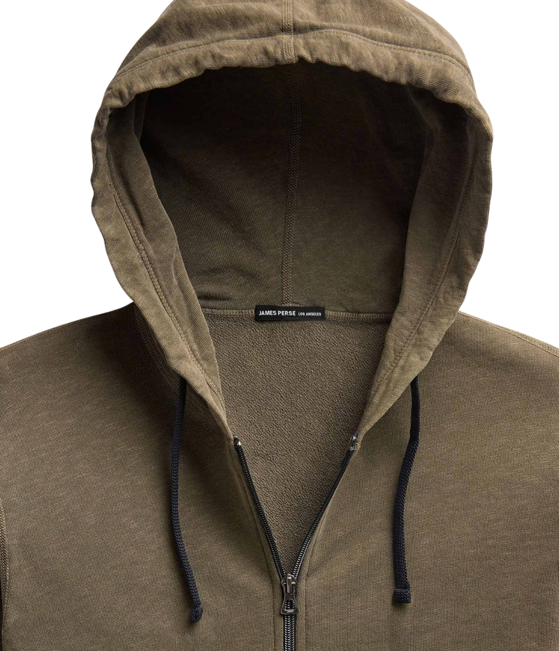 James Perse Vintage French Terry Zip Hoodie in Light Olive Pigment – close-up of drawcord hood highlighting relaxed styling and lightweight construction.