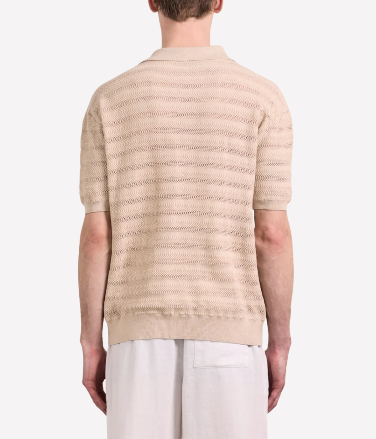 Frescobol Carioca Rino Cotton Jacquard Wave Short Sleeve Knit Polo in Sand – Back View on Model Jacquard Knit Polo