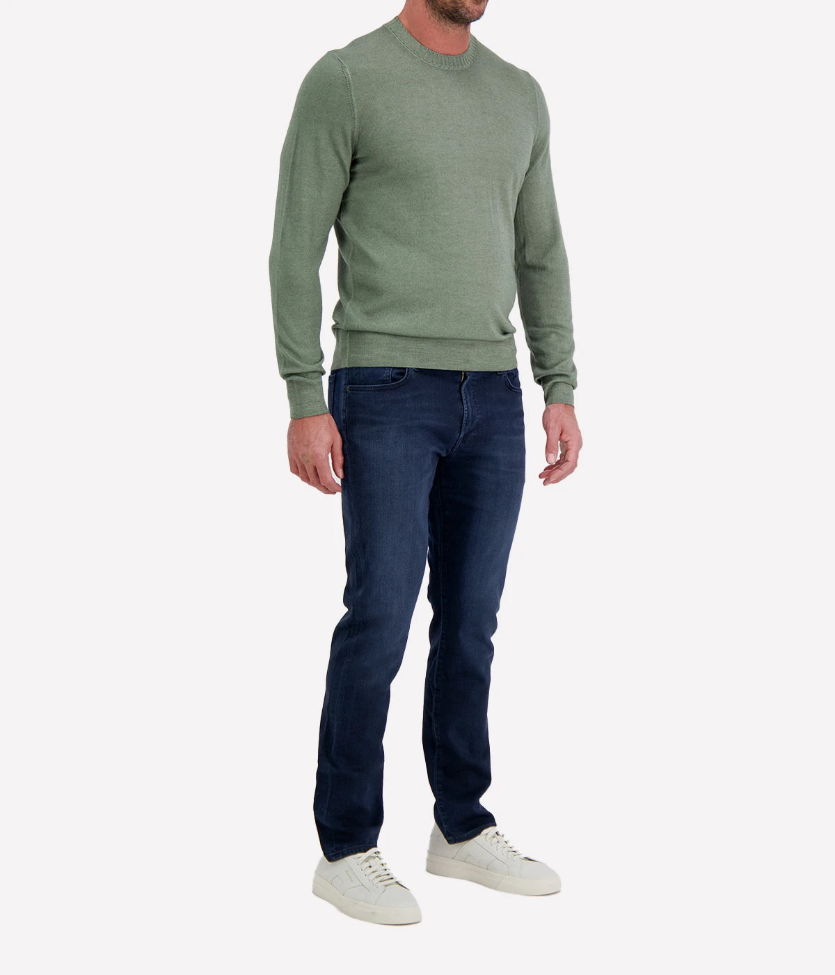 Gran Sasso Wool Crew Longsleeve in Forest – Angled View Wool Knit