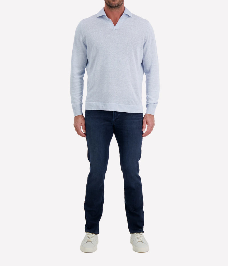 Gran Sasso Long Sleeve Polo in Sky Blue Speckle – Front View Open Collar Knit