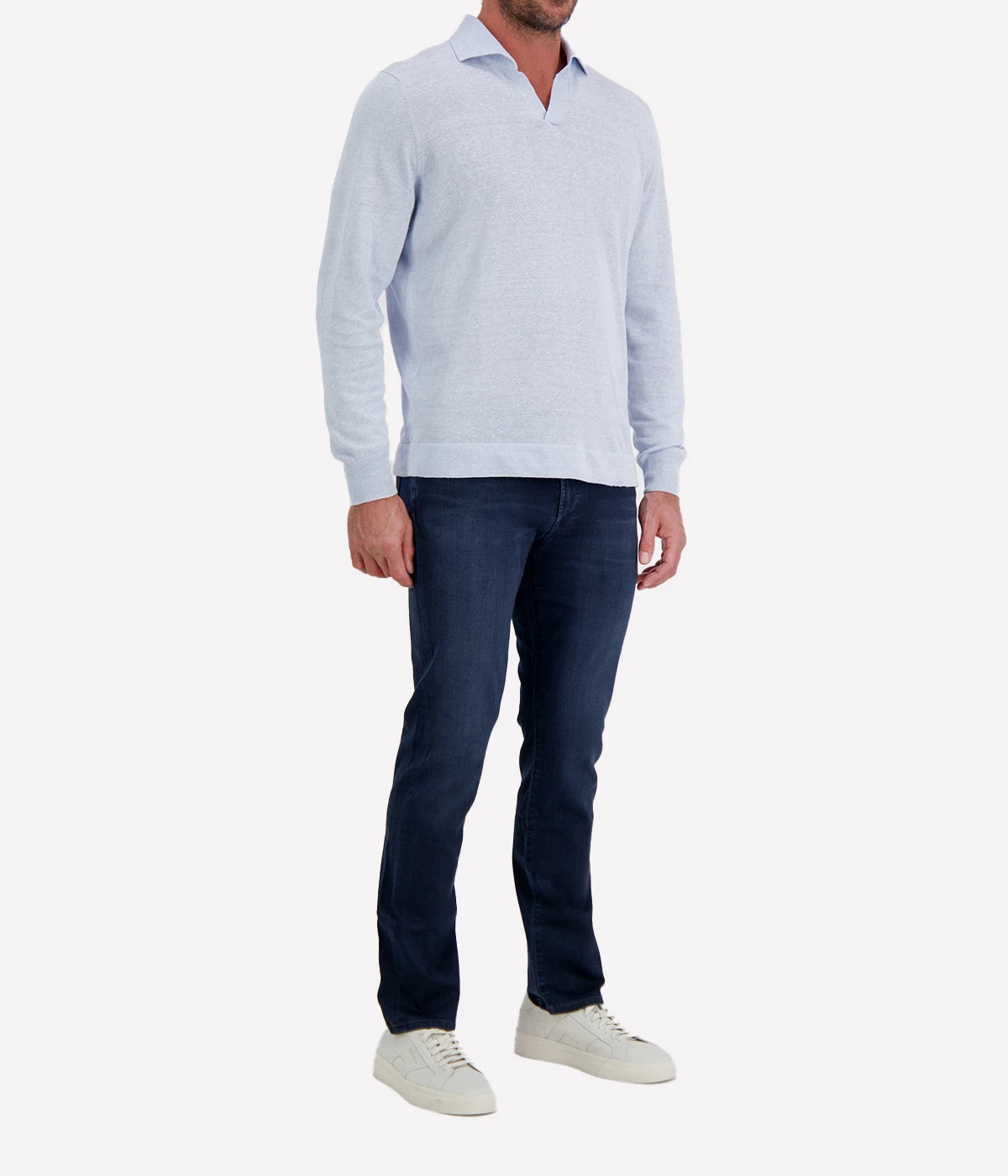 Gran Sasso Long Sleeve Polo in Sky Blue Speckle – Angled View Open Collar Knit
