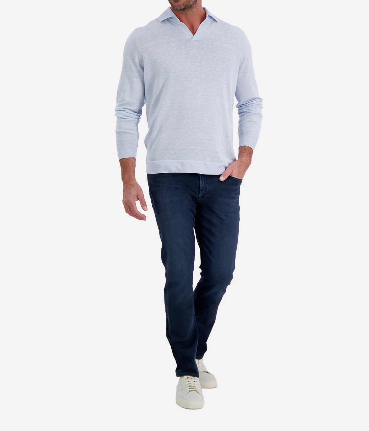 Gran Sasso Long Sleeve Polo in Sky Blue Speckle – Front View Open Collar Knit
