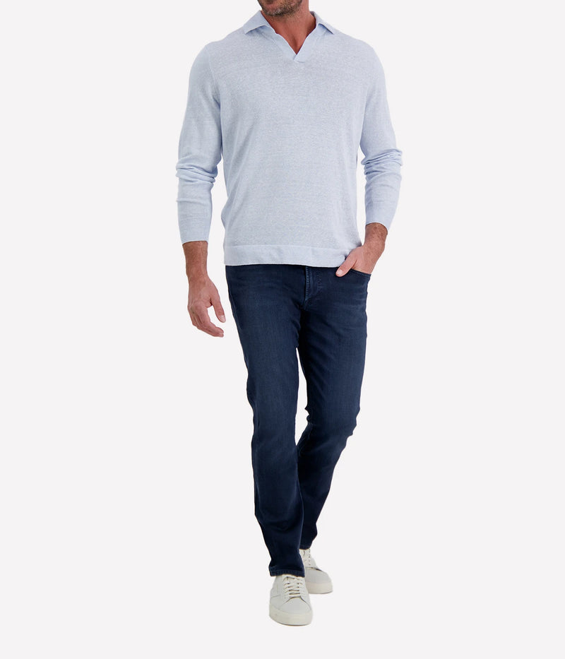 Gran Sasso Long Sleeve Polo in Sky Blue Speckle – Front View Open Collar Knit