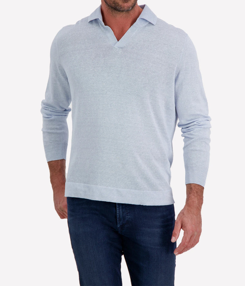 Gran Sasso Long Sleeve Polo in Sky Blue Speckle – Front View Open Collar Knit