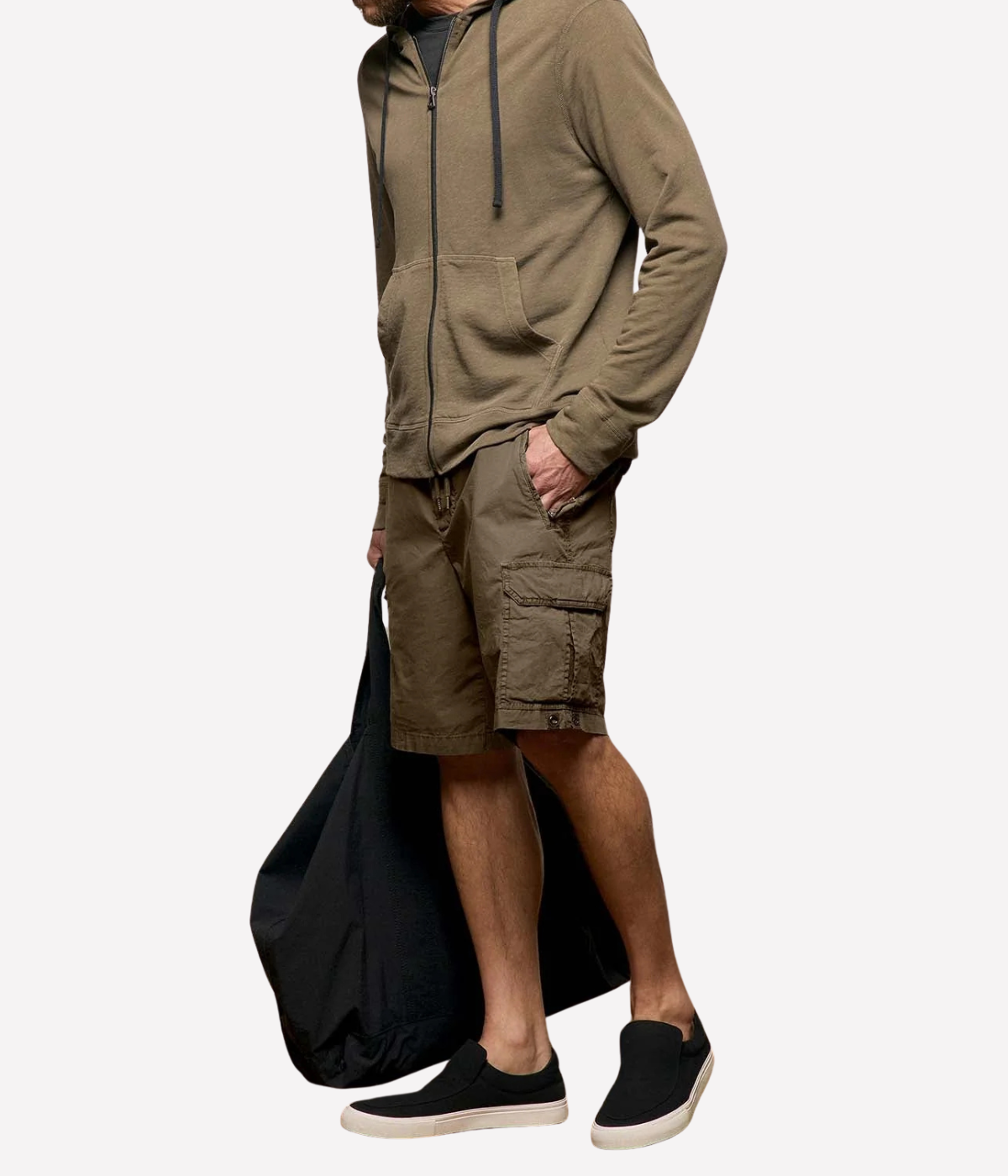 James Perse Vintage French Terry Zip Hoodie in Light Olive Pigment – full-length angled view on model showcasing relaxed fit, zip-front closure, and lightweight cotton French terry.