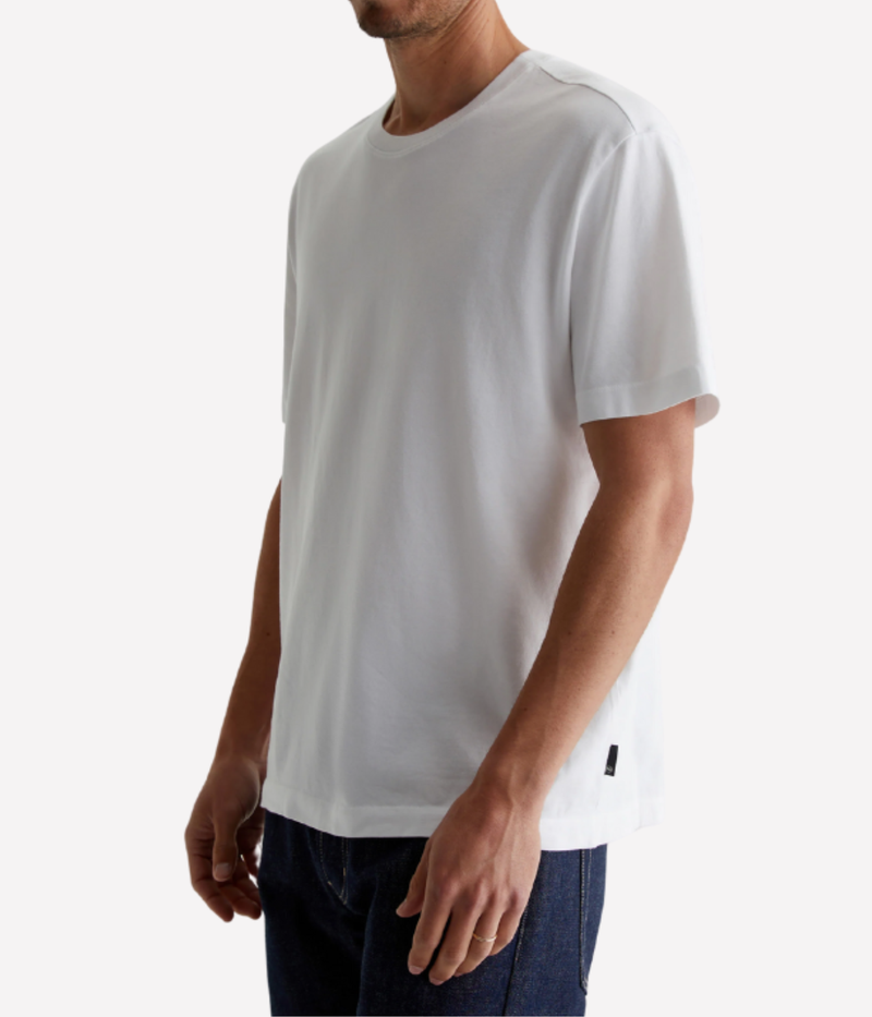 AG Wesley Crew True White On Model Angled Front View Relaxed Fit T-Shirt