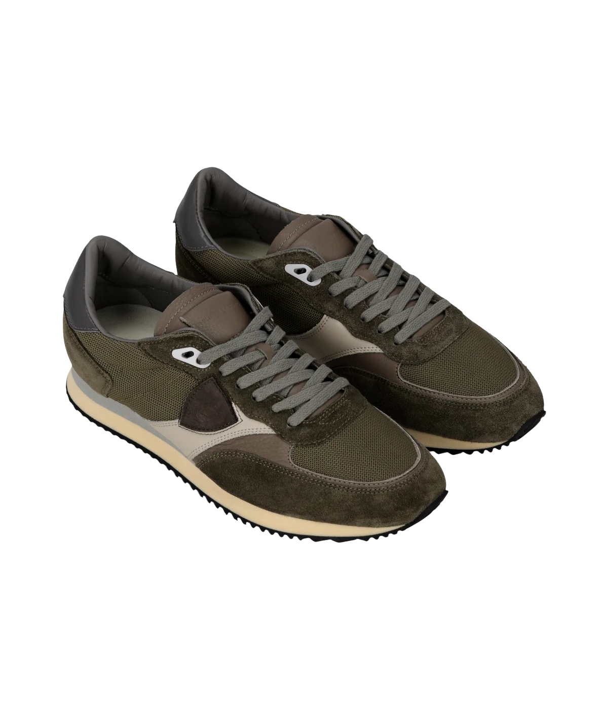 Philippe Model Blville Low Man in Mondial Vert Mud angled side view in pair featuring mesh, suede and leather upper