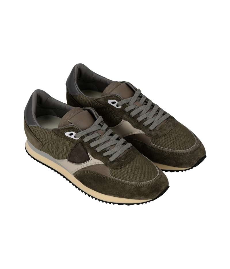 Philippe Model Blville Low Man in Mondial Vert Mud angled side view in pair featuring mesh, suede and leather upper